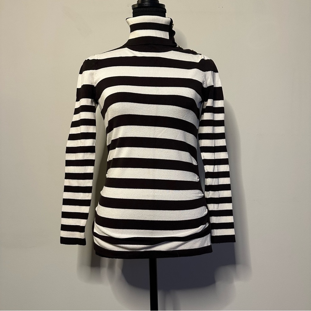Cache Chocolate Brown & Ivory Striped Turtleneck Sweater Gold Buttons Size M - Picture 2 of 15